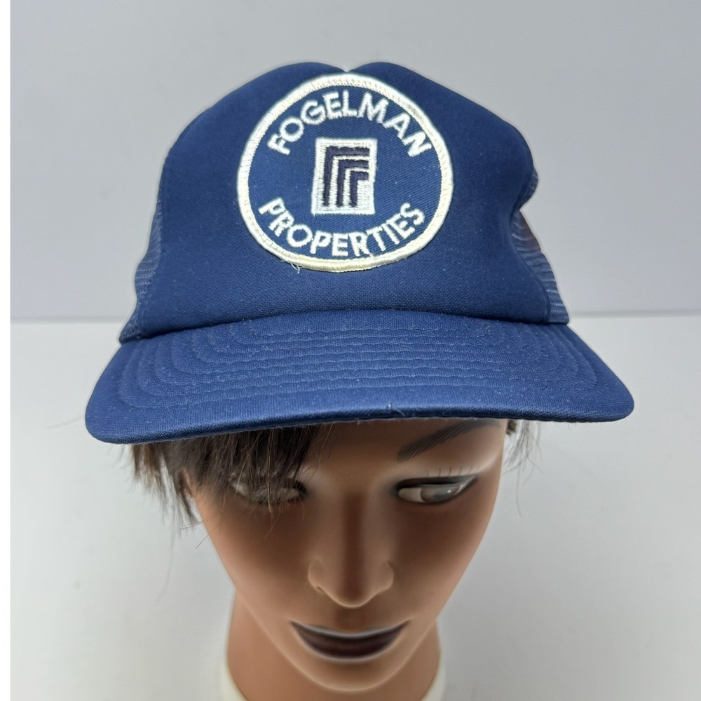 Vintage Hanco Fogelman Properties Trucker Hat Navy Blue Mesh Snapback Cap